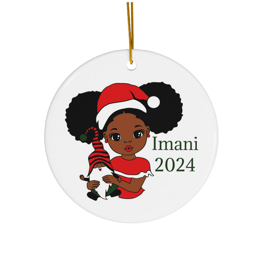 Personalized Little Black Girl with Afro Puffs Ornament - Four Shapes: Circle Heart Snowflake Star - Custom Christmas Holiday Decor