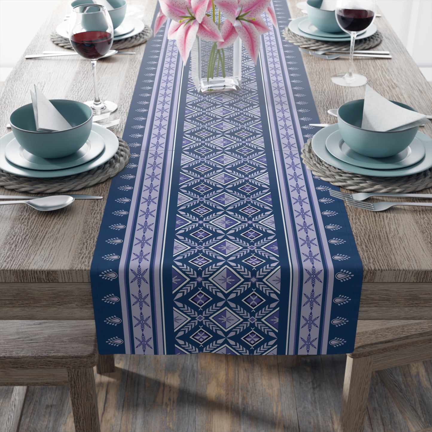 White and Blue Ikat Mexican Pattern Table Runner - Ethnic Geometric Dining Room Decor - Perfect for Thanksgiving Christmas