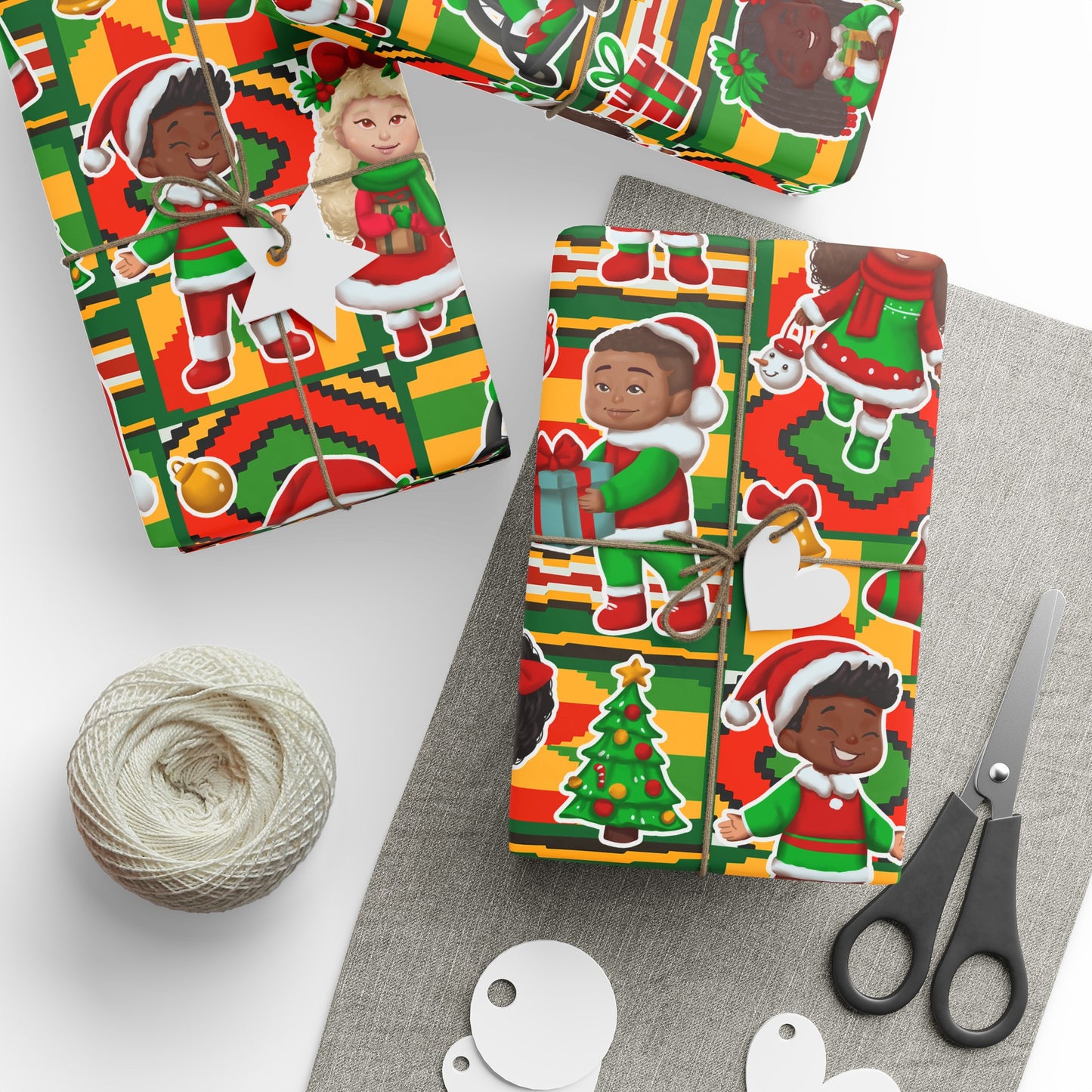 Black and Albino Black Children's Christmas Wrapping Paper with Kente Background - Multicultural Gift Wrap