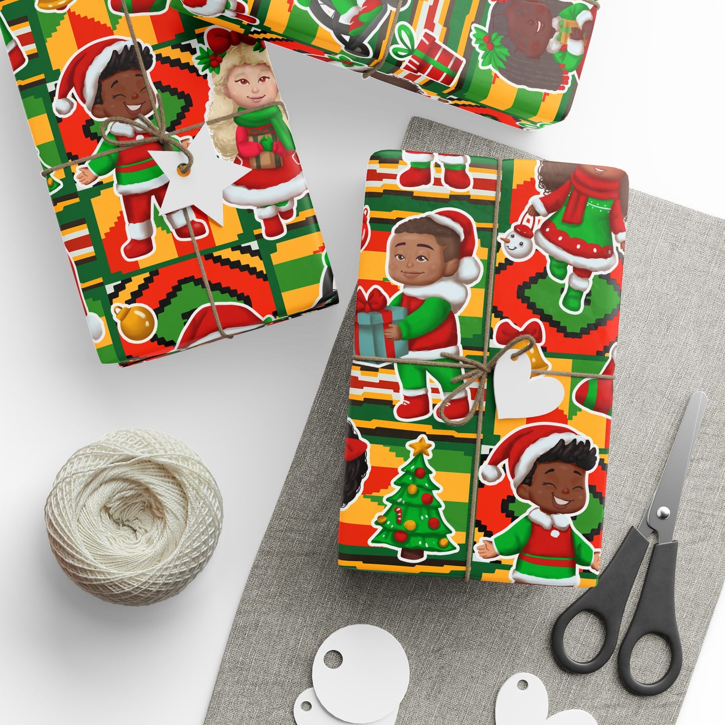 Black and Albino Black Children's Christmas Wrapping Paper with Kente Background - Multicultural Gift Wrap