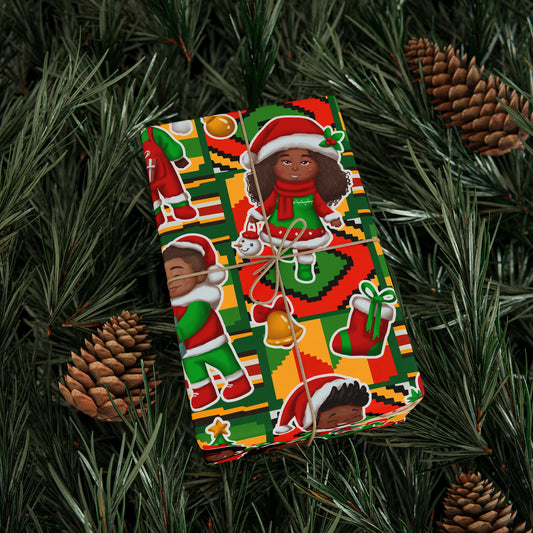 Black and Albino Black Children's Christmas Wrapping Paper with Kente Background - Multicultural Gift Wrap