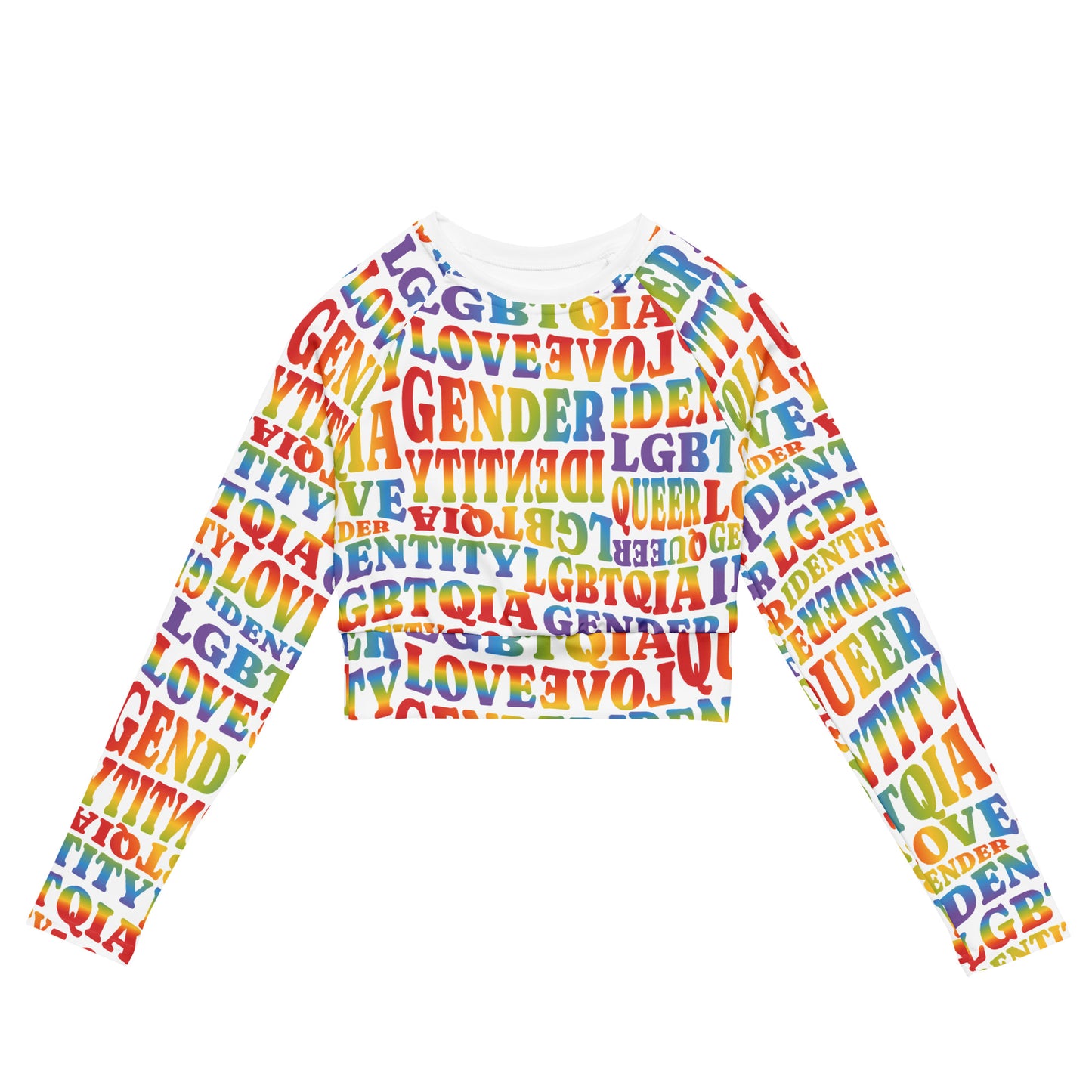 LGBTQIA Love Gender Identity Queer Rainbow Gradient Text Recycled Long-Sleeve Crop Top